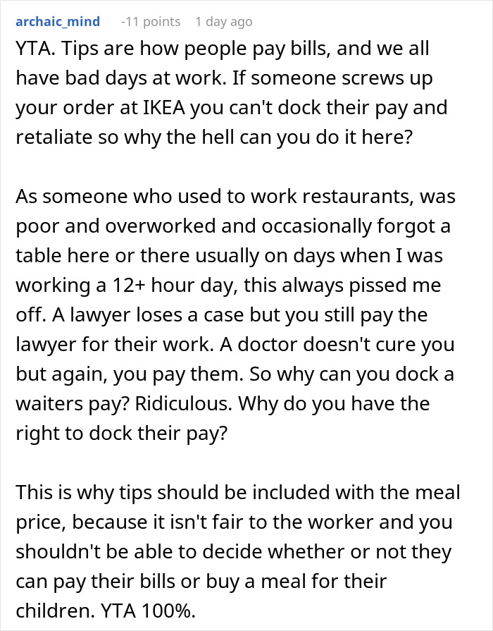 Comment discussing tipping and payment fairness in the workplace.