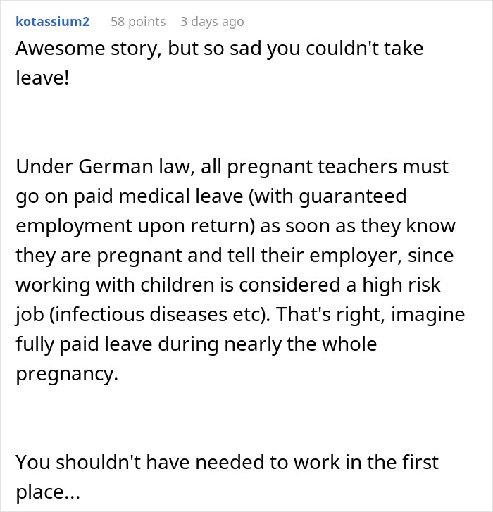 Online comment discussing German law on medical leave for pregnant teachers in high-risk jobs.