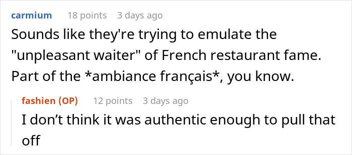 Reddit comments discussing customer service at a French-themed restaurant.