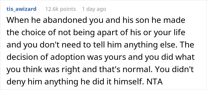 Comment supporting mother's decision to adopt after being abandoned by teenage partner.