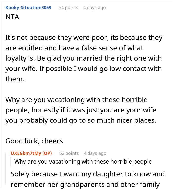 Reddit discussion about in-laws calling man a deadbeat; advice given to limit contact.