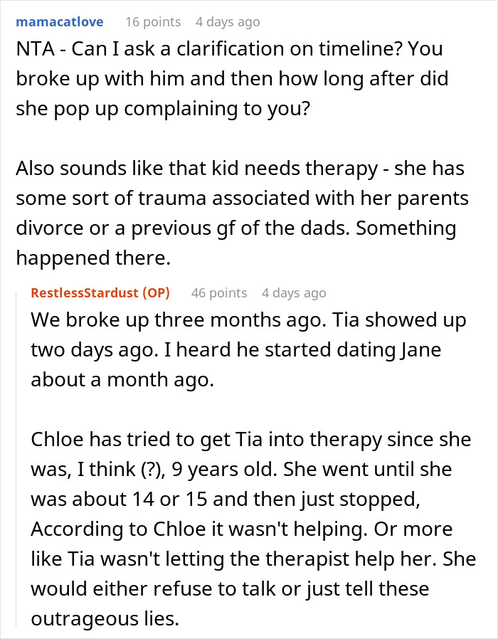 Reddit comments discussing relationship timeline and teen's need for therapy, mentioning dad's ex and new girlfriend.