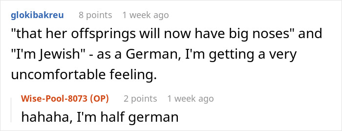 Reddit comments discussing cultural backgrounds, featuring a conversation about German and Jewish heritage.