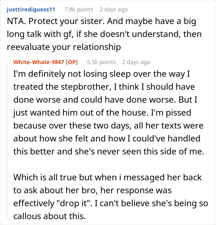 Reddit comments discussing conflict involving girlfriend's stepbrother and relationship advice.