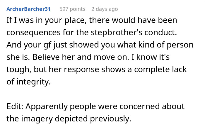 Comment discussing consequences for stepbrother's actions and girlfriend's lack of integrity.