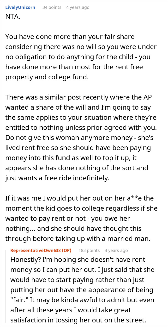 Reddit discussion about a woman refusing to support her husband's affair child's fund, deemed not responsible.