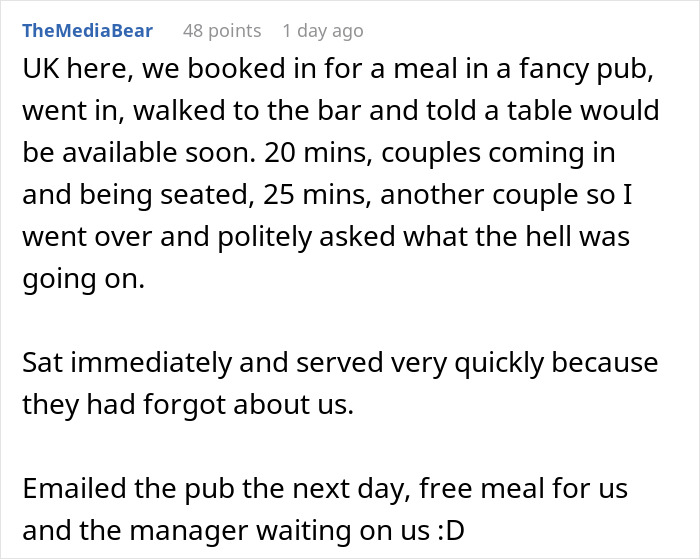 Text image of a story about staff forgetting customers in a pub, leading to a free meal.