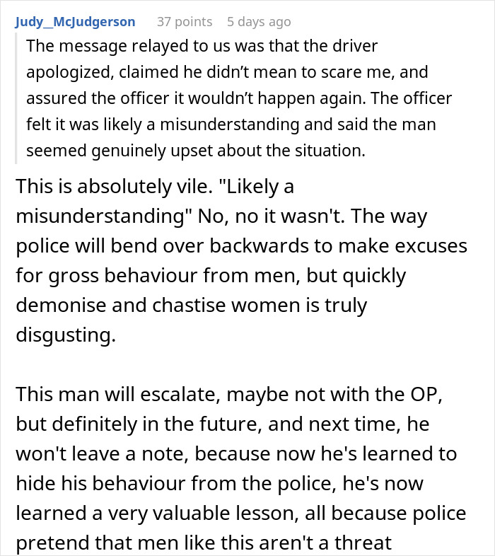 Screenshot of a comment discussing an Amazon driver's note and police response.