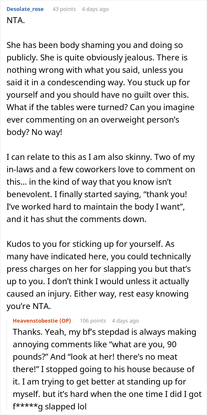 Reddit comments discussing body image and personal experiences related to being skinny.