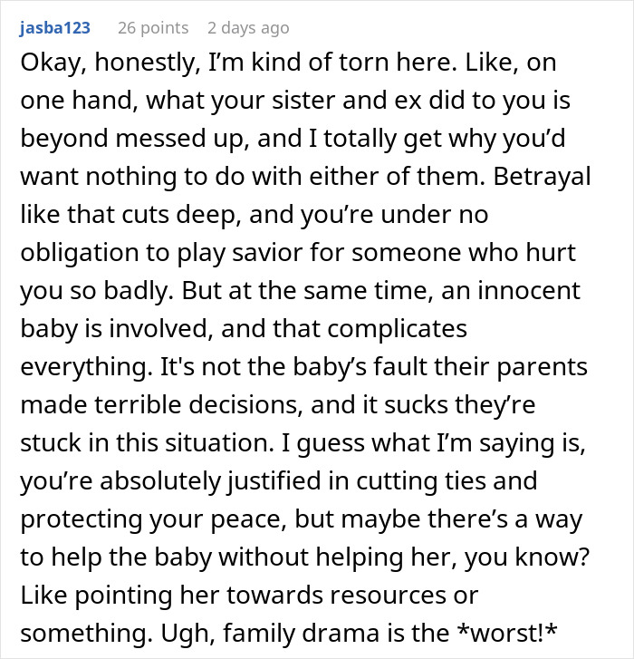 Reddit comment discussing a complex family situation involving betrayal and decisions on helping a child.