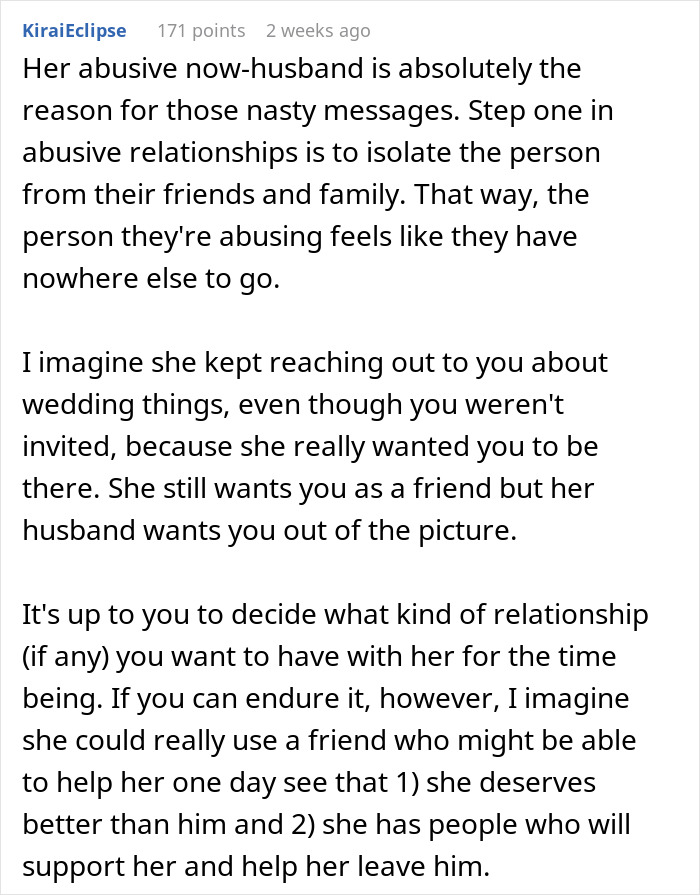 Text discussing isolation in abusive relationships, involving a woman not being invited to her best friend's wedding.