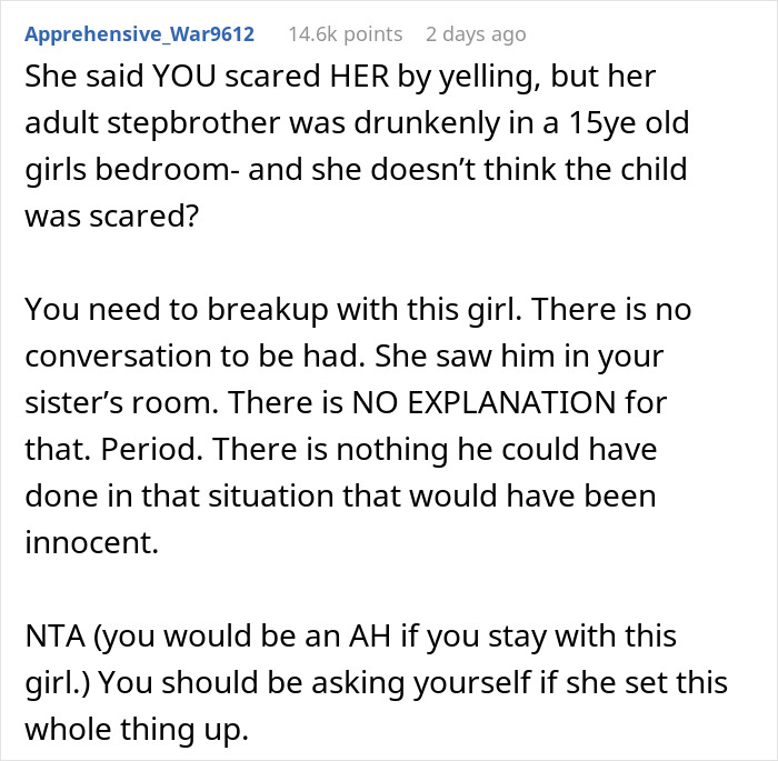 Reddit post comment advising to break up over a stepbrother incident involving the girlfriend's reaction.