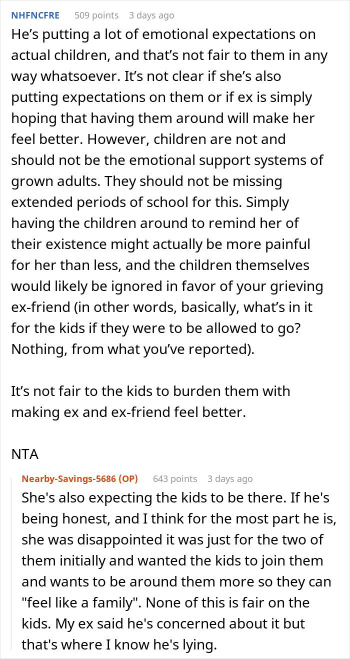 Reddit discussion on emotional expectations, featuring comments about a woman and her ex-husband.