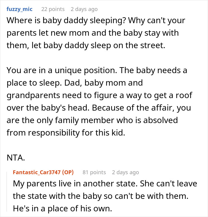 Reddit discussion about family obligations after woman's affair with sister's husband.