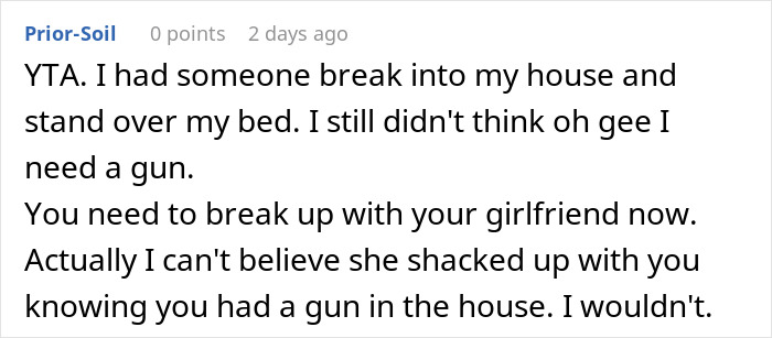 Reddit comment discussing a home intrusion and gun defense decision.