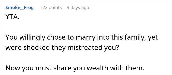 Comment discussing family dynamics and success.