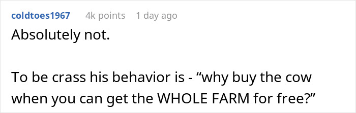 Comment discussing a boyfriend upset about mortgage, using a metaphor about buying a cow and getting a farm for free.