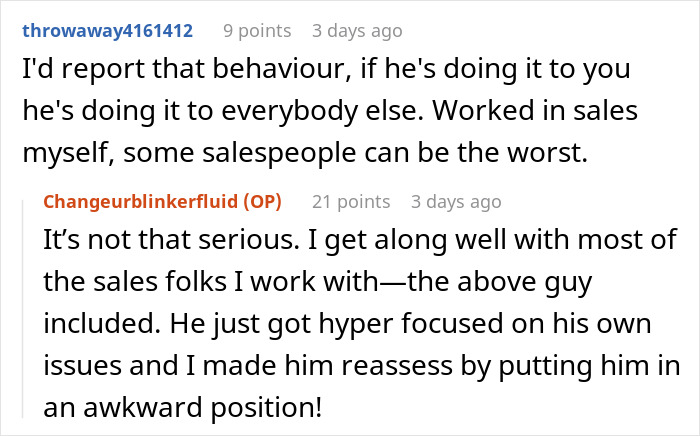 Reddit conversation about a guy embarrassing an entitled coworker by discussing workplace dynamics.