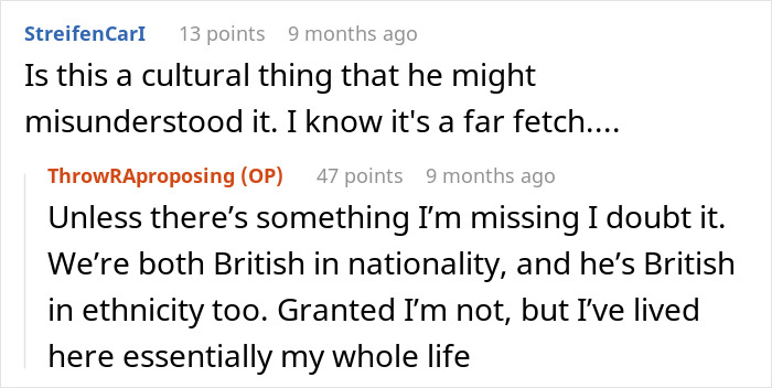 Online discussion about cultural misunderstandings and British nationality.