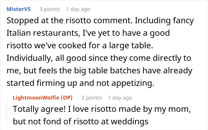 Comment thread discussing wedding caterer's risotto quality at events.