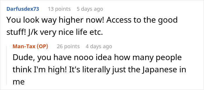 "Reddit comment exchange discussing life changes and perception.