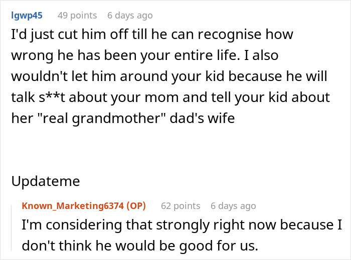 Reddit comment thread discussing dad grief and protecting children from negative influences.