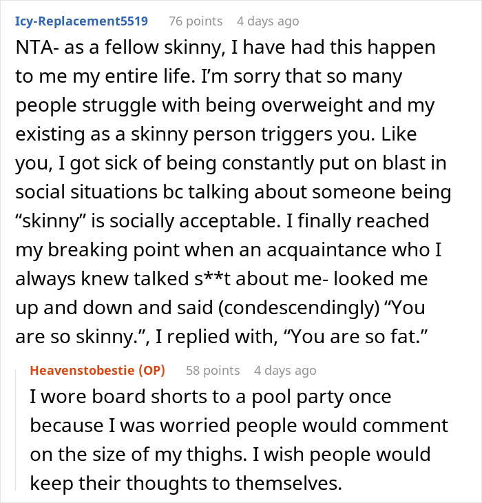 Reddit discussion about appreciating being skinny, addressing social pressures and comments.