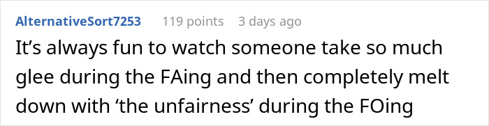 A Reddit comment discussing unfairness and personal reactions, related to family criticism.