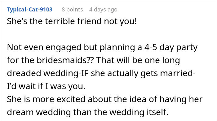 Reddit comment discussing bachelorette mini-vacation drama and concerns about wedding planning.