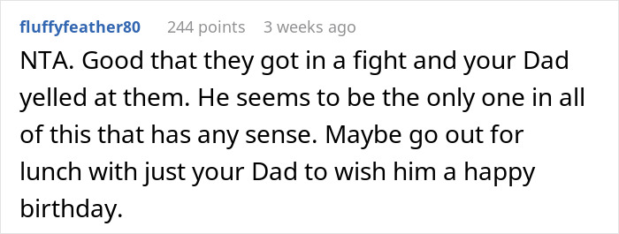 Reddit comment discussing a family fight, highlighting a dad's sensible reaction.