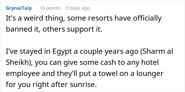 Text discussing resort policies on reserving loungers, mentioning experiences in Sharm al Sheikh, Egypt.