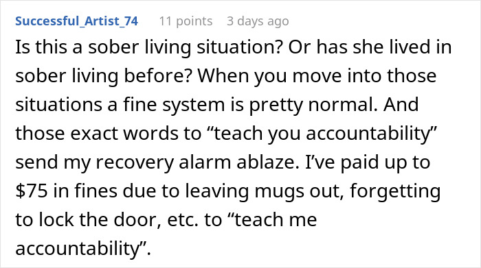 Text about fines for breaking house rules and accountability, questioning a sober living situation.