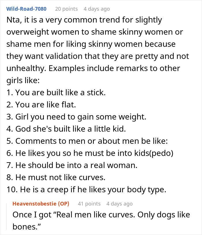 Reddit comment discussing body shaming of skinny women by plus-size women.