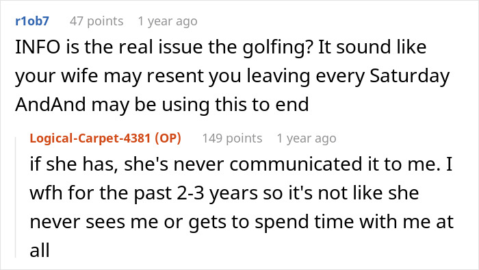 Reddit comments discussing issues about hobbies and relationship dynamics involving stepchildren and golf.