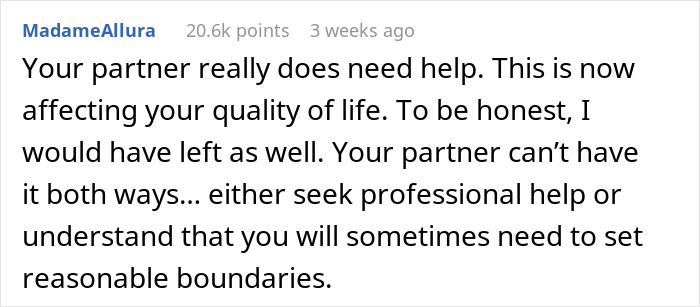 Reddit user comment discussing partner's OCD affecting quality of life and suggesting seeking professional help.