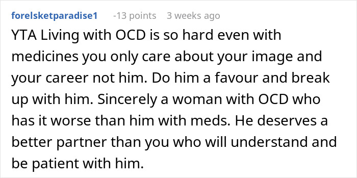 Comment discussing challenges of living with OCD and relationship advice.