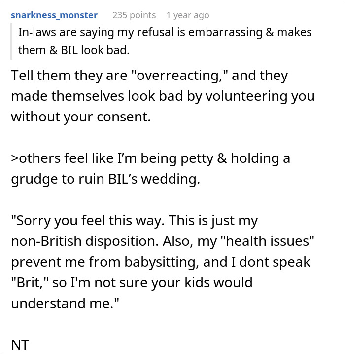 Text exchange about family pressure to care for kids at BIL's wedding, woman explains refusal isn't to ruin event.