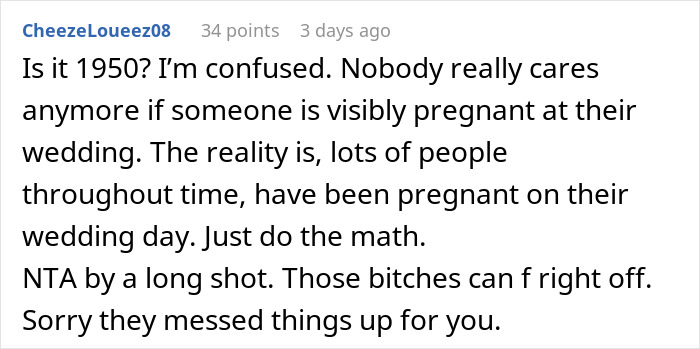 Reddit comment discussing modern views on pregnancy at weddings and criticizing others for making a scene.