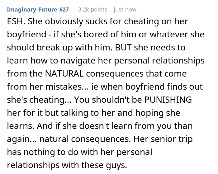 Text discussing daughter's relationships and consequences related to senior trip and boyfriend.