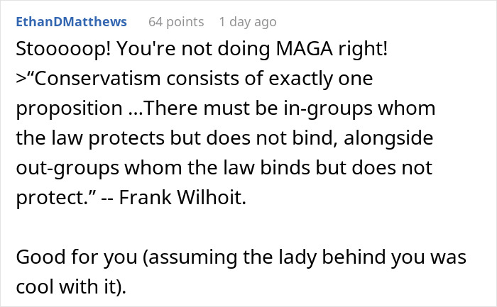 Text screenshot with a comment about conservatism by EthanDMatthews, mentioning MAGA and Frank Wilhoit’s quote.