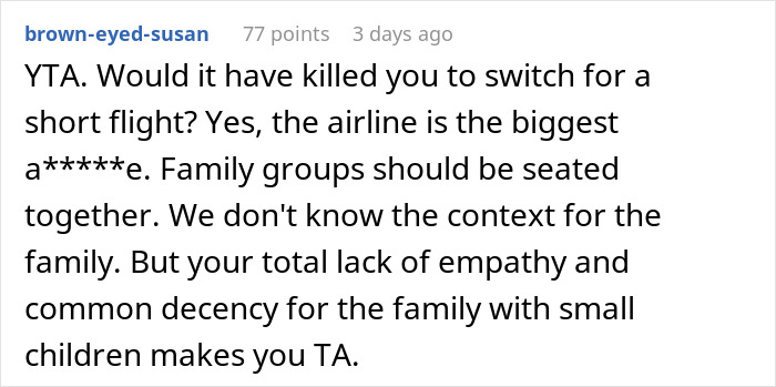 Comment criticizing refusal to switch airplane seats for a dad and son to sit together, mentioning lack of empathy.