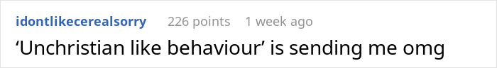 Comment on Reddit about "unchristian like behaviour" in response to a pet sitter post.