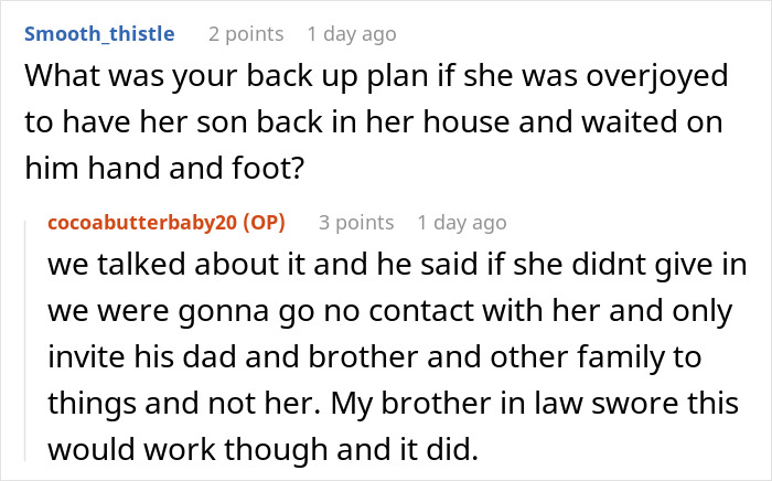 Reddit conversation discussing a couple's pretend break up plan for family dynamics and possible revenge.