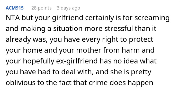 Comment supporting decision to defend against intruders, addressing relationship stress.