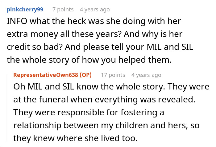 Reddit conversation about family secrets and financial issues related to an affair child fund.