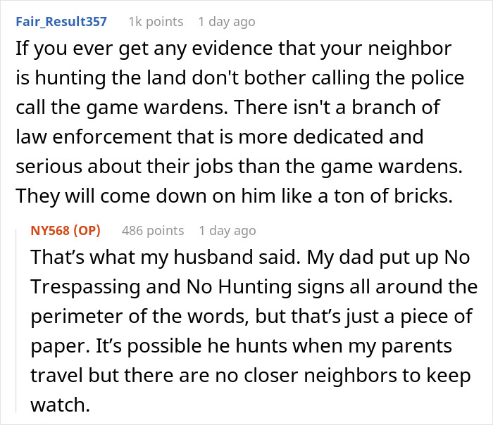 Reddit discussion about entitled neighbor, police involvement, and deer hunting on private land.