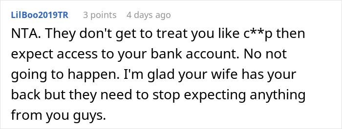 Reddit comment about in-laws mistreating a man now successful in his business.