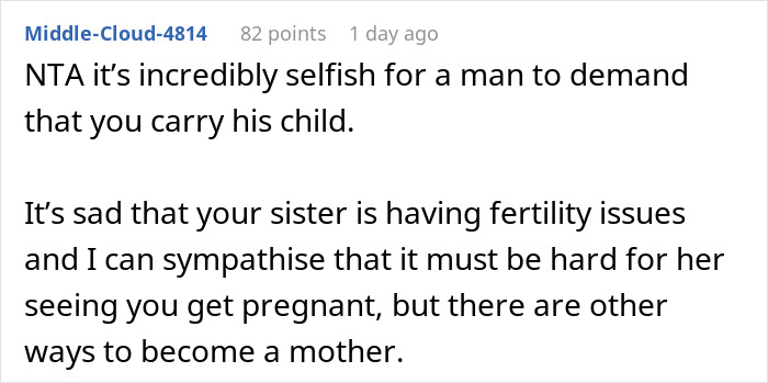 Comment discussing surrogacy pressure and fertility issues, highlighting the choice of a woman planning a hysterectomy.