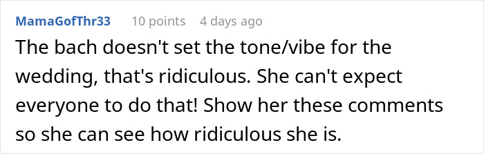 Comment discussing bachelorette mini vacation drama, questioning expectations for setting wedding tone.