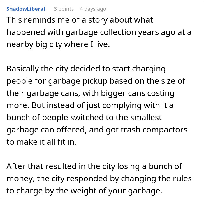 Text detailing garbage collection changes causing chaos; mentions city charging for pickup based on can size.